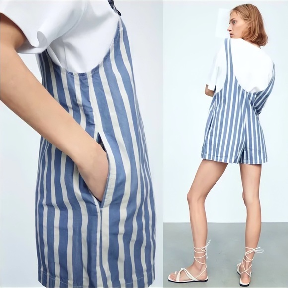 Zara Striped Cotton Overall Romper | L - Picture 4 of 8